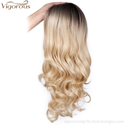 Vigorous Honey Blonde Wig Synthetic Long Wavy Wigs Ombre Middle Part Heat Resistant Fiber Hair Wig for Cosplay Daily Party Women